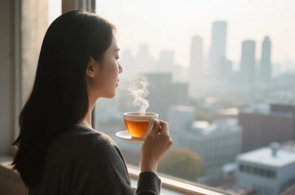 一位冷静的人手里端着一杯热茶，望着窗外宁静的城市晨景，象征着耐心、冷静与策略